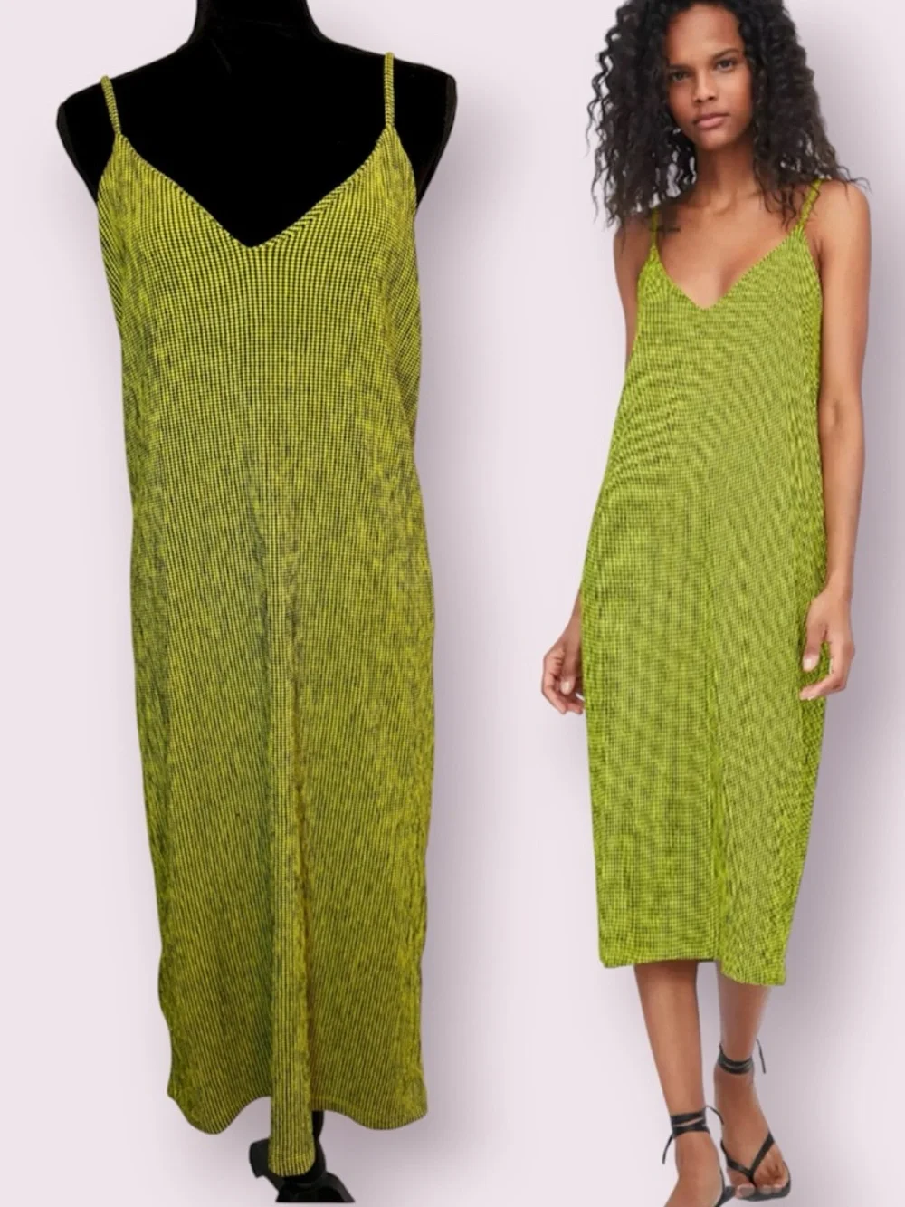 Zara Neon Gingham Checkered Y2K Slip Dress Yellow Black Medium